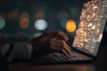 Person typing on laptop in dark environment, glowing projections of marketing analytics, focused workspace, technology usage