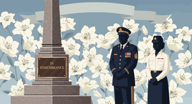 Memorial Day tribute with soldiers standing before a monument amidst white lilies. - Powered by Adobe