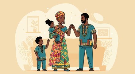 A Black family dressed in vibrant, traditional African clothing, with parents holding hands and children standing nearby.