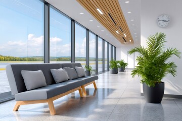 Modern airport lounge interior with large windows