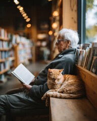 Cozy Reading Time in a Pet-Friendly Haven: Low Vision Reader with Handheld Magnifier and Friendly Cat in a Bookstore Setting