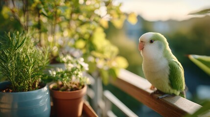 Tranquil Scene: Cochlear Implant User Training Parrot on Balcony Perch with Simple Hand Gestures at Sunset with Potted Herbs and Gentle Breeze