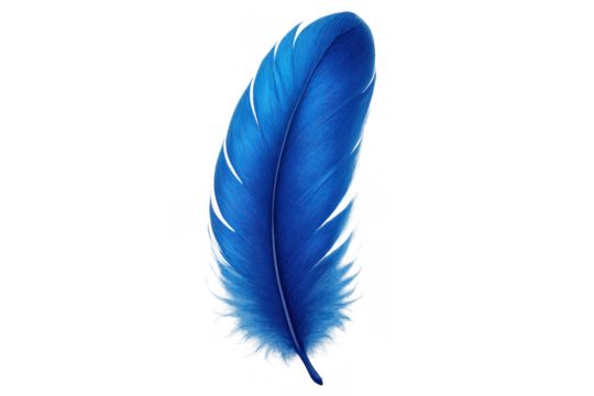 Blue feather floating softly, isolated on transparent background, symbolizing lightness, freedom, and creativity