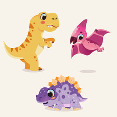 Dinosaurs and Pterosaur in Prehistoric Cartoon Style © Yuan
