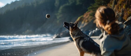 Serene Beach Play: Hearing Aid User Enjoying Time with Dog by the Seashore