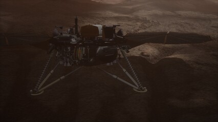 Insight Mars Lander rests on the red planets surface, capturing its surroundings during the twilight hours, revealing the intricate details of the Martian terrain and atmosphere. © icetray