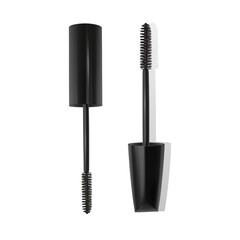 A mascara tube and a wand applicator. Cosmetic black bottle with eyelash brush. Isolated on white background. black brush stroke, 3d realistic vector illustration
