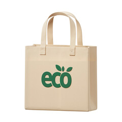 3D render of reusable shopping bag with embossed eco logo promoting sustainability, isolated on white, transparent background. Ecology infographic