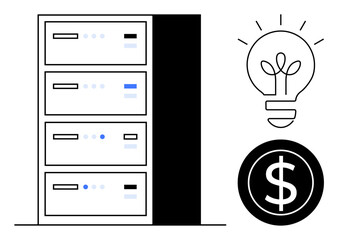 Data server stack suggesting technology infrastructure, accompanied by light bulb for innovation and dollar symbol for cost efficiency. Ideal for technology, finance, infrastructure, cost management