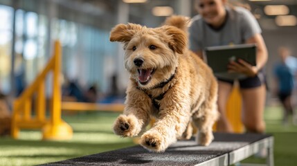Inclusive Playtime: AAC User Rewarding Dog at Agility Park Amid Low Hurdles with Tablet Strapped, Bright Clear Light
