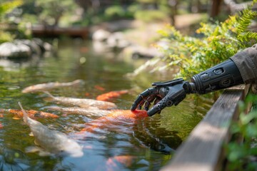 Serene Prosthetic Arm User Feeding Koi in Garden Pond with Safe Rail, Reflective Ripples, Meditative Scene