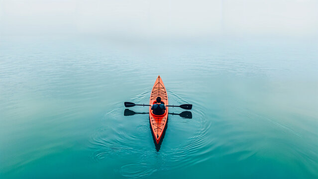 Peaceful Lake Kayaking, Orange Kayak on Turquoise Water Outdoor Adventure Travel Scene