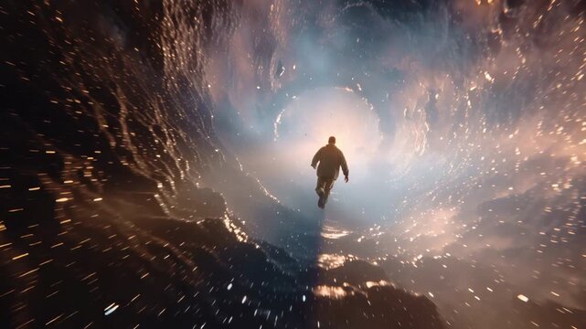 Lone astronaut traveling through a futuristic light tunnel, entering a glowing wormhole representing interdimensional travel, space exploration, and the journey into the unknown cosmic abyss