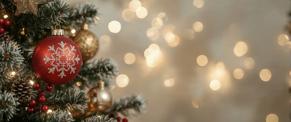 Festive Holiday Christmas Tree Decorations with Bokeh Lights and Ornaments