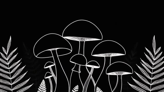 Monochrome Mushroom Illustration with Ferns Black and White Vector
