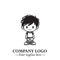 Black and White Chibi Boy Illustration with Jacket and Boots in Bold Thick Line Art Minimal Style