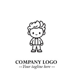 Fototapeta premium Black and White Chibi Boy Illustration with Jacket and Boots in Bold Thick Line Art Minimal Style