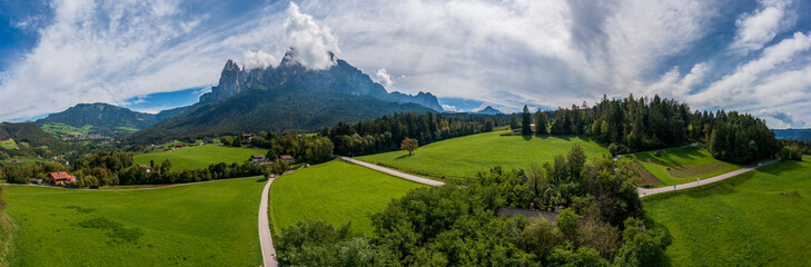 Aerial view of the Schlern massif near Seis in South Tyrol, Italy.
