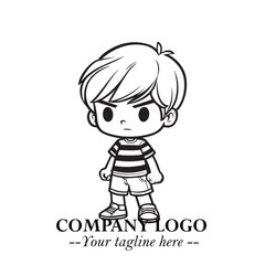 Black and White Chibi Boy Illustration with Jacket and Boots in Bold Thick Line Art Minimal Style