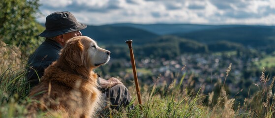 Serene Moment - Blind Person Embracing Dog on Grassy Hill Overlooking Town, Peaceful Stillness with Cane Resting, Scenic Landscape with Distant View and Clouds Drifting Slowly