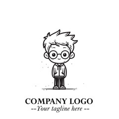 Black and White Chibi Boy Illustration with Jacket and Boots in Bold Thick Line Art Minimal Style