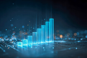Futuristic glowing blue digital bar graph rising over a dark grid surface representing data growth and technological advancement in a high-tech environment