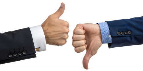 Obraz premium Hands Showing Thumbs Up and Thumbs Down for Business Decision Making