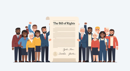 Diverse group of people holding the Bill of Rights document with raised fists.
