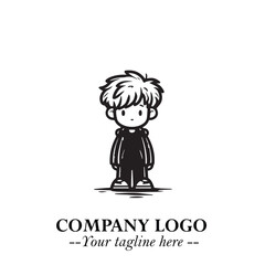 Black and White Chibi Boy Illustration with Jacket and Boots in Bold Thick Line Art Minimal Style