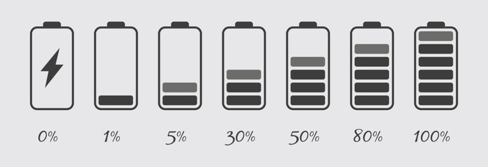 Black Battery Icon Set — Power and Battery Level Indicator Vector

