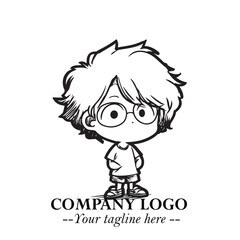 Black and White Chibi Boy Illustration with Jacket and Boots in Bold Thick Line Art Minimal Style