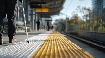 Independent Blind Traveler Navigating Tactile Paving on Train Platform for Morning Commute Flow with Audible Announcement and Level Boarding Zone Marked