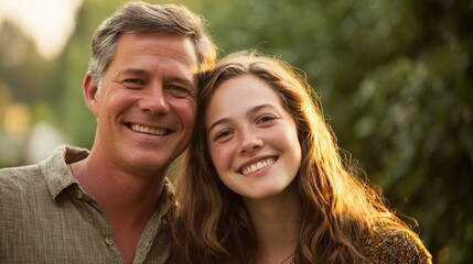 A father and daughter sharing a warm moment in a sunlit natural setting.