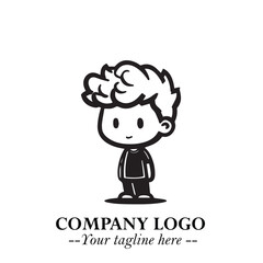 Black and White Chibi Boy Illustration with Jacket and Boots in Bold Thick Line Art Minimal Style