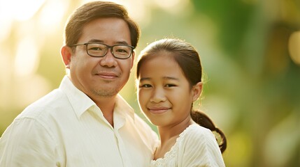 Obraz premium A father and daughter sharing a warm moment in a sunlit natural setting.