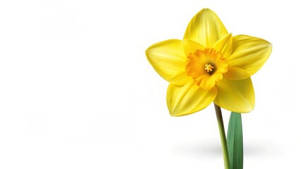 Fototapeta premium A bright yellow daffodil bloom with green stem against white
