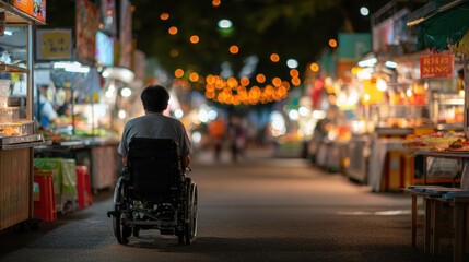 Night Market Adventure on Mobility Scooter - Illuminated Aisles and Food Stalls with Warm Bokeh Lights, Accessible Ramps