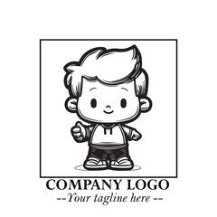 Black and White Chibi Boy Illustration with Jacket and Boots in Bold Thick Line Art Minimal Style