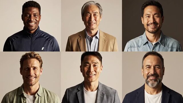 Six happy and diverse men from different age groups smile broadly at the camera in a modern studio portrait.
