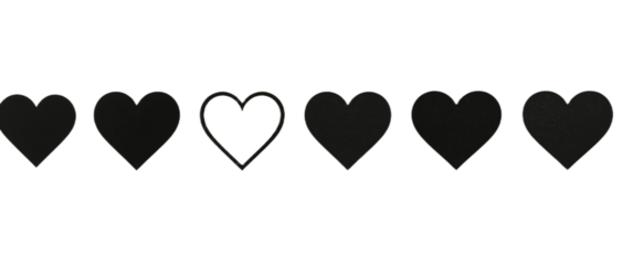 A minimalist graphic illustration featuring a horizontal row of six hearts, where one outlined heart stands out amongst five solid black symbols