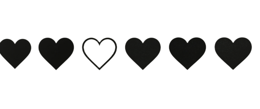 A minimalist graphic illustration featuring a horizontal row of six hearts, where one outlined heart stands out amongst five solid black symbols