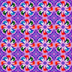 Colorful Pixel Mosaic Pattern with Floral Motif