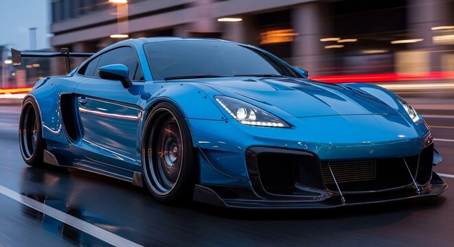 A sleek, custom blue sports car with a wide body kit speeds down a wet city street at dusk, with motion blur in the background.