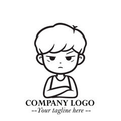 Black and White Chibi Boy Illustration with Jacket and Boots in Bold Thick Line Art Minimal Style