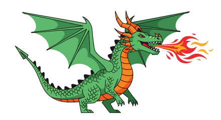 Naklejka premium Cartoon dragon with fire, green wings, and orange horns isolated on white background