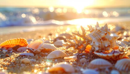 Golden Hour Sunlight Illuminates Assorted Seashells Scattered on a Sandy Beach Shoreline with Gentle Ocean Waves and Sparkling Water Reflections