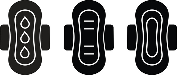 Menstrual pad icons set flat styles. Feminine hygiene product symbol showing sanitary pad, absorbent napkin, period protection and women’s care vectors illustration isolated on transparent background.