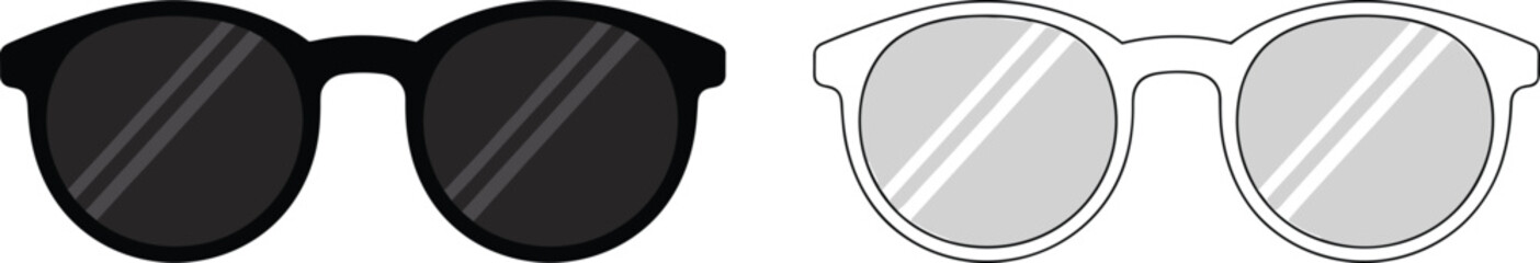 Round sunglasses vector illustration front view, modern eyewear design, black and white glasses, fashion accessory, cad drawing flat vector illustration