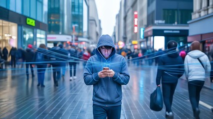 A hooded man uses a smartphone in a busy city, with digital light streams connecting him to the network and surrounding people - Powered by Adobe