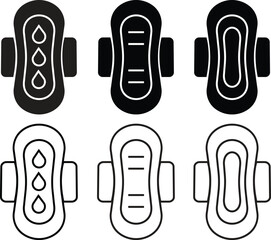 Menstrual pad icons set in flat and line styles. Feminine hygiene product symbol showing sanitary pad, absorbent napkin, period protection and women’s care vectors isolated on transparent background.